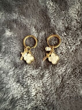Gold Tone Floral Charm Hoop Earrings with Ivory Accents